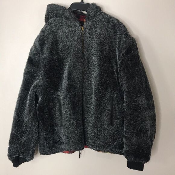 Golden Fleece reversible wool plaid and charcoal gray zip up hooded jacket - Picture 3 of 16